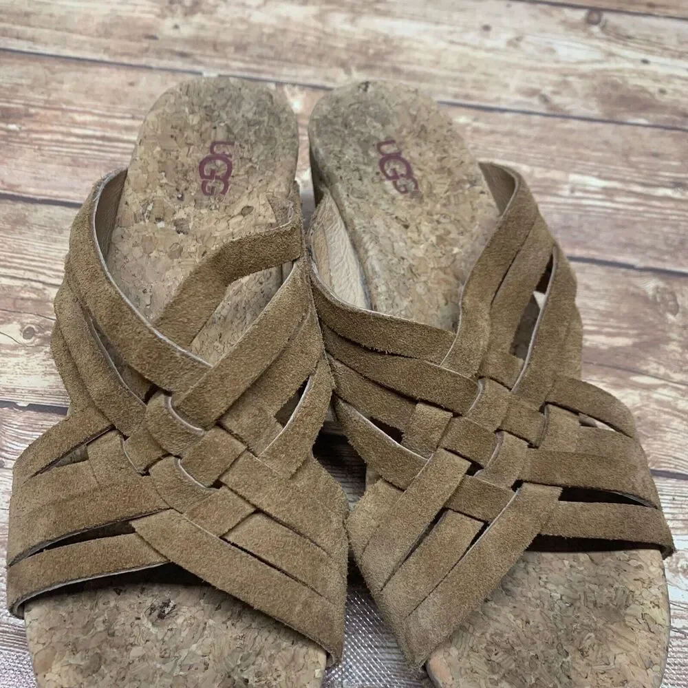 UGG‎ AUSTRALIA Women’s 7 Lilah Chestnut Brown Suede Wedge Slide Sandals 1019976